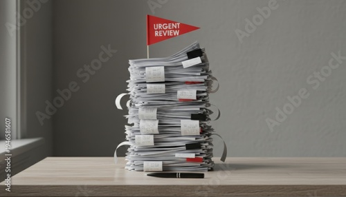 Towering stack of paperwork, documents, and receipts requiring urgent review for tax season, representing bureaucracy, accounting overload, and a critical workload