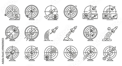 Collection of radar screens and missile launch icons.