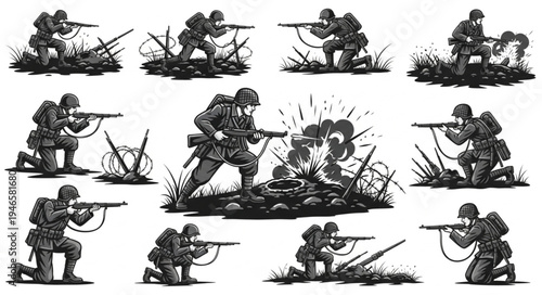 World War II soldiers in combat poses with rifles.