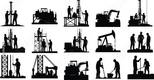 Oil and construction industry worker silhouettes set, drilling rig, excavator and pumpjack operators with equipment, industrial workforce vector illustration isolated collection