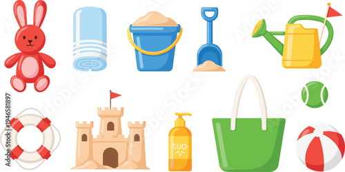 Summer beach toy and accessory collection with sand bucket shovel ball watering can and castle vector illustration
