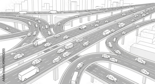 Busy highway interchange with many cars and trucks in a sketch style.