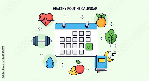 Healthy routine calendar with symbols of health and wellness.
