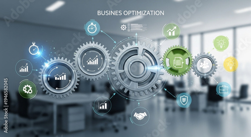 Business operations gears with icons and charts in office setting.