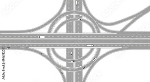 Aerial view of a complex highway interchange with multiple lanes and ramps.