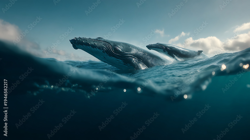 Fototapeta premium A closeup view of ocean waves underwater with sunlight filtering through the surface