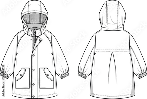 Kids hooded coat sketch, technical fashion illustration, front and back view, snap buttons, patch pockets, pleat back, elastic cuffs