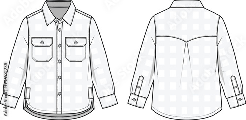 Long sleeve button up shirt flat sketch, front and back technical fashion drawing, apparel design template, clothing construction illustration, garment CAD
