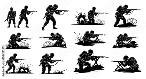 Soldiers in combat poses with weapons firing and aiming.