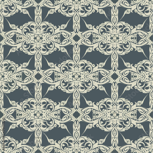 Decorative antique wallpaper featuring intricate damask florals and ornamental botanical scrolls
