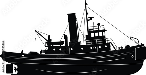 Detailed vintage tugboat vector silhouette illustration featuring a classic steamship profile with smokestack, crane, and propeller for nautical history, maritime industry, 
