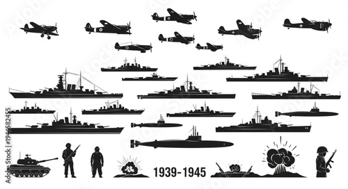 World War II military vehicles and aircraft silhouettes.