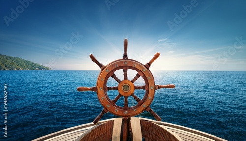 ship wheel on boat with sea and sky freedom and adventure direction concept