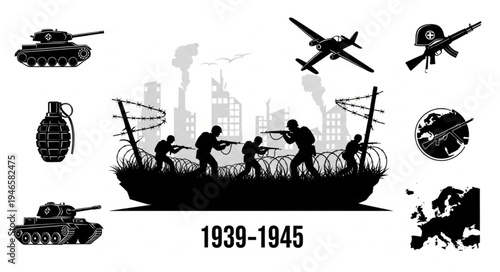 World War 2 soldiers and military equipment illustration.