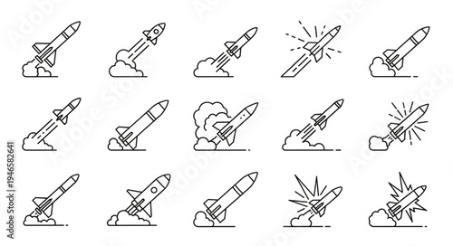 Collection of Rocket Launch Icons with Smoke Trails.