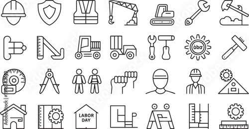 Collection of flat design icons representing various professions industries and labor day themes