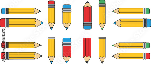 Pencil collection with different orientations school stationery drawing tool cartoon vector illustration set