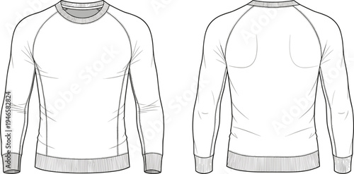 Minimalist crewneck sweatshirt, long sleeve fashion sketch, front and back view, ribbed cuffs, ribbed hem, ribbed neckline, apparel design illustration