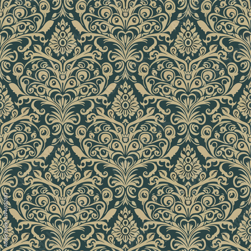 Decorative antique wallpaper with traditional baroque damask florals and elegant ornamental scrollwork