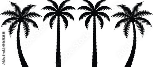 Palm tree silhouettes in symmetrical row, tropical nature illustration with curved and straight trunks, botanical artwork for design, vacation themes, and decorative projects