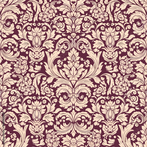 Ornate baroque wallpaper with luxurious damask floral motifs and elegant symmetrical vintage styling
