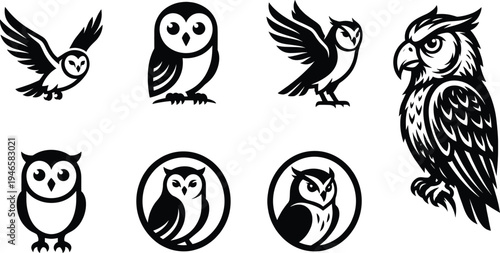 Set of various owl vector silhouettes and icons including flying owls, barn owl portraits, and circular badges for logos, nature branding, and wildlife design projects.