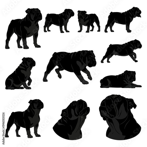 Black silhouettes of dogs in various poses.