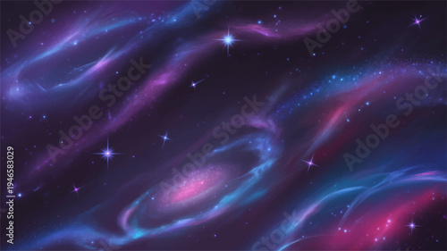 Vibrant purple pink and blue galaxy illustration with stars and nebulae in space