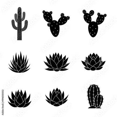 Black silhouettes of various cacti plants.