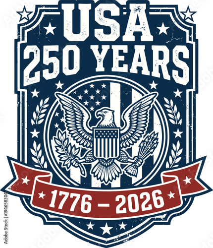 Distressed USA 250 Years Logo with Eagle and Stars for Independence Day.