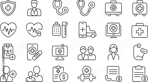Collection of flat design medical and healthcare icons isolated on transparent background