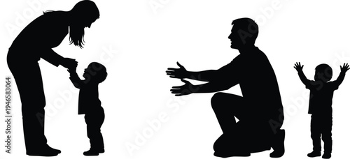 Parent and child silhouette set showing mother helping toddler walk and father welcoming child, family love, parenting support conceptParent and =
