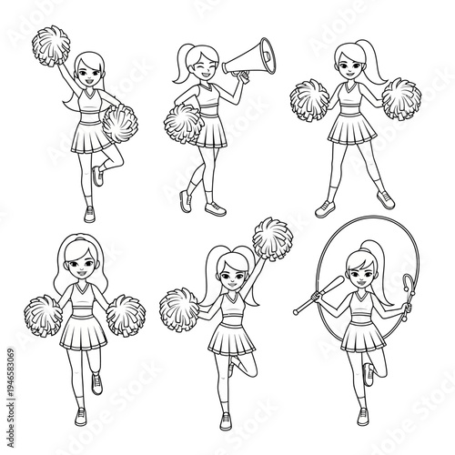 Cartoon cheerleaders with pom poms dancing.