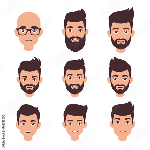 Cartoon men with various hairstyles.