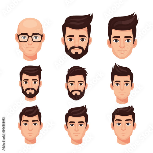 Cartoon men with different hairstyles faces.