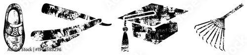 Grungy black and white vector of footwear, safety razor, graduation cap, and rake, isolated on transparent background, distressed artistic style.