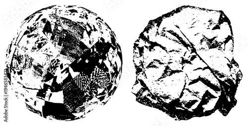 Earth globe and rough rock fragment depicted in halftone style, vector graphic, black and white, textured surfaces, scientific or educational use.