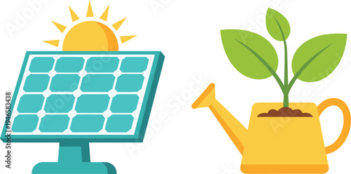 Renewable energy and plant growth concept with solar panel sun and watering can vector illustration