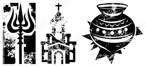 Distressed vector featuring trident weapon, church silhouette, and vessel, ideal for occult, religious, or tribal design projects.
