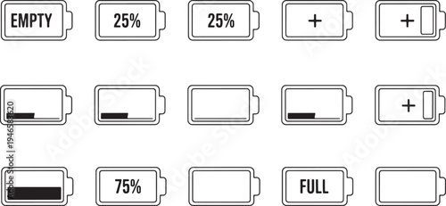 Illustrations of various battery levels and symbols