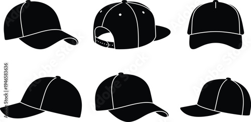 Vector baseball cap silhouette set featuring various angles including front side and back views of snapback hats for apparel design branding and merchandise mockup projects.