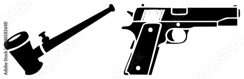 Smoking pipe and handgun in bold black vector art, tobacco pipe and firearm, vintage weapon and classic cigarette holder, isolated graphic design.