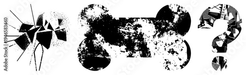 Fragmented geometric forms rendered in halftone, abstract composition, graphic design elements, stylized shapes, art, vector illustration, modern art motifs.