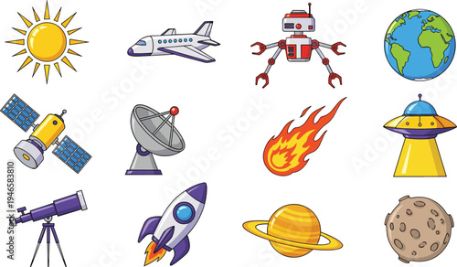 Space exploration cartoon icon set with rocket planet satellite robot UFO telescope sun and earth vector