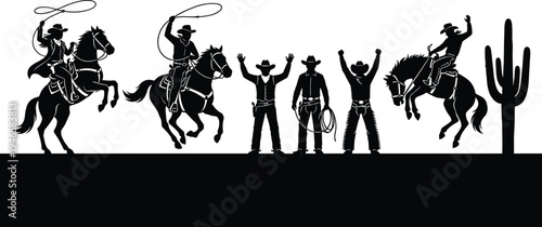 Vector cowboy silhouette set featuring horse riders with lassos rodeo bronc riding standing cowboys and cactus for American West ranch and wild west desert design projects.