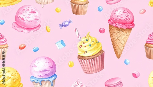 Seamless pastel dessert pattern.