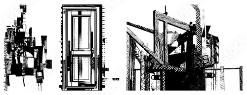 Fragmented urban architecture rendered in halftone vector style, abstract building forms, geometric cityscape, modernist structure, black and white graphic art.
