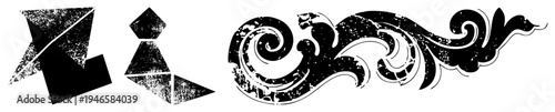 Black and white vector art featuring angular geometric forms and flowing ornamental scrollwork, distressed texture, isolated foreground elements.