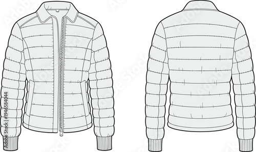 Puffer jacket technical drawing, quilted outerwear sketch, front and back view, zipper closure, stand collar, ribbed cuffs, winter fashion apparel design