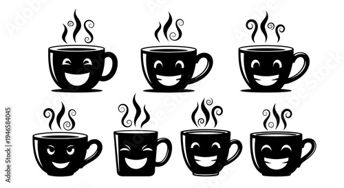 Black coffee cup silhouettes with smiling faces and steam swirls set on white background for minimalist cafe branding and icon design projects vector